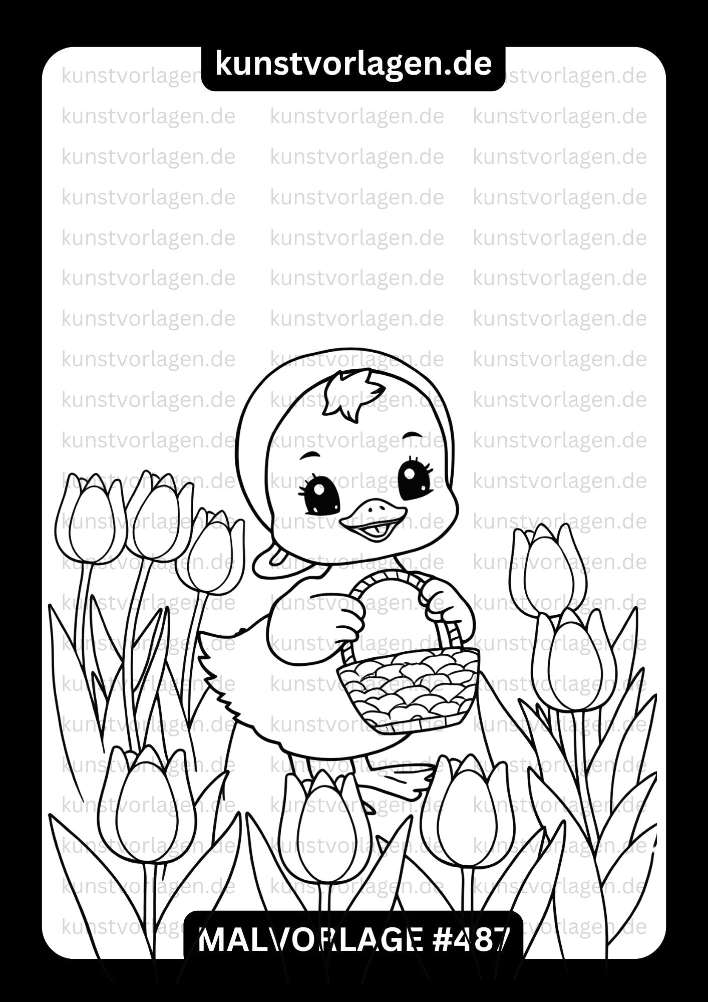 MALVORLAGE #487 – Ente mit Osterkorb zwischen Tulpen im Frühling – 1 MOTIV | PDF